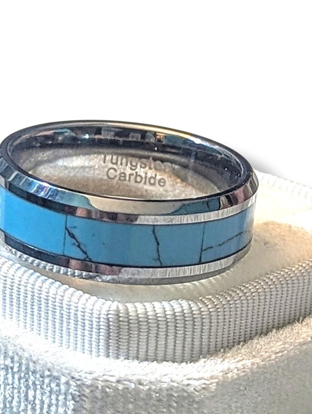 Natural Tungsten Carbide & Turquoise Men's Heavyweight Wedding Ring 11.5 (16g) - Picture 3 of 7